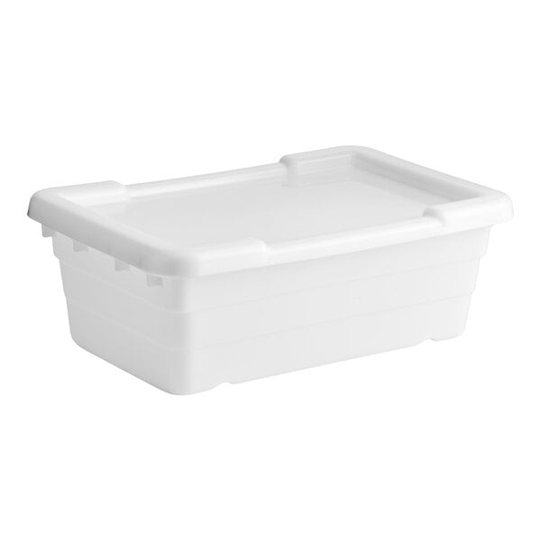 A white plastic meat lug or tote box with a fitted cover.