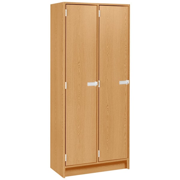 An I.D. Systems maple double door storage locker with two shelves.