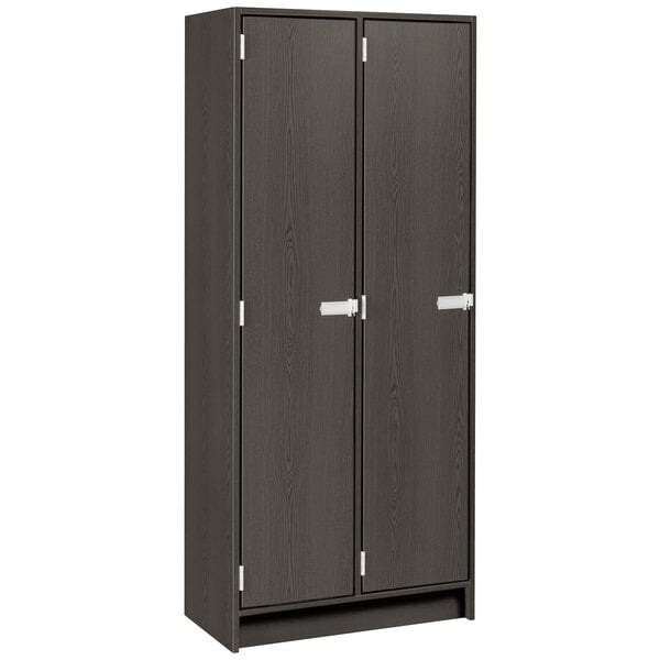 A dark elm I.D. Systems double door locker with two shelves and silver handles.