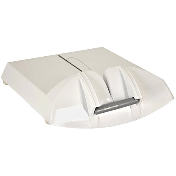 An Omcan white plastic cheese cutter with a grey handle.