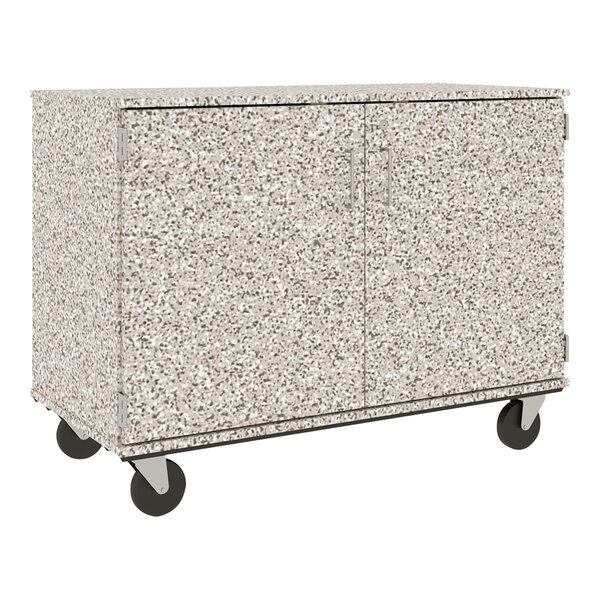 A gray I.D. Systems mobile storage cabinet with wheels.