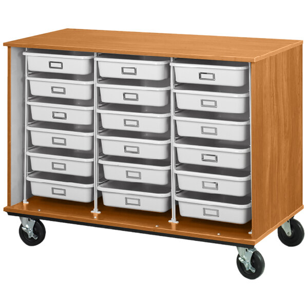 A light oak wooden mobile storage cart with white plastic drawers.