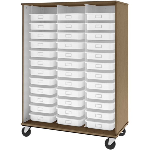 A Roman walnut wooden storage cabinet with white plastic bins on shelves.