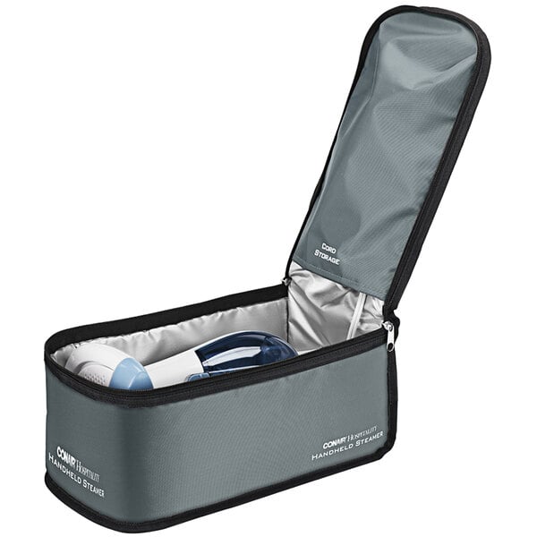 A grey and white bag with a Conair Handheld Steamer inside.
