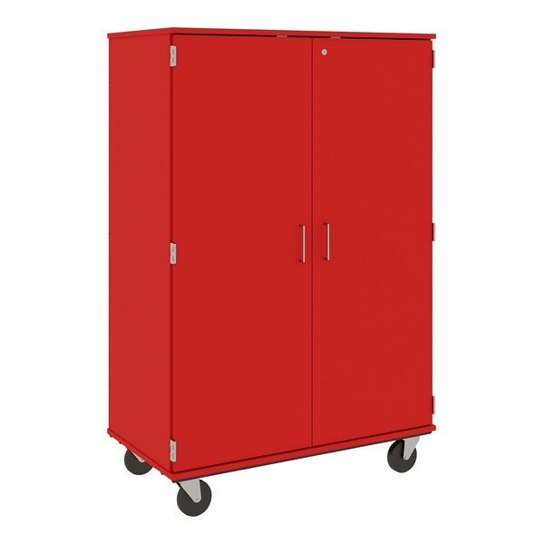 A red I.D. Systems mobile storage cabinet with silver handles on wheels.