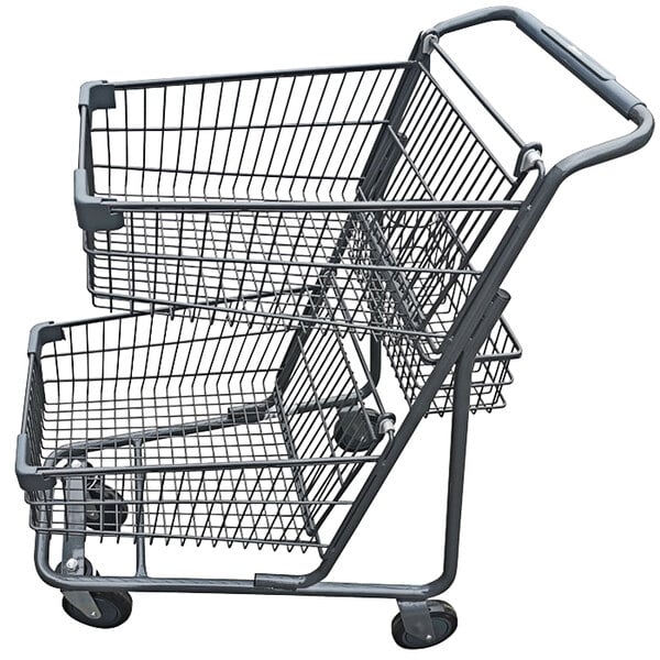 A black double basket shopping cart with wheels.