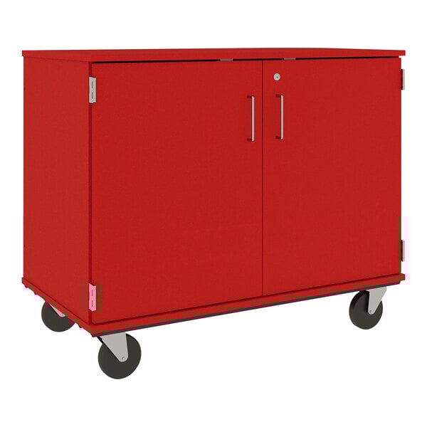 An I.D. Systems red mobile storage cabinet with (18) 3" bins on wheels.
