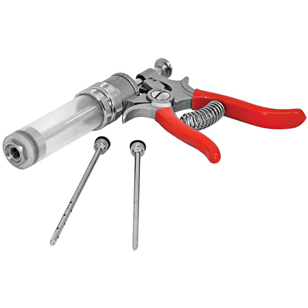 A close-up of the Omcan Dial-O-Matic meat pump on a white background.
