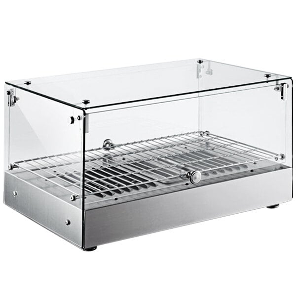 An Omcan countertop display warmer with a stainless steel rack in a glass case.