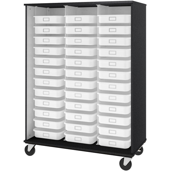 A black and graphite I.D. Systems mobile open storage cabinet with white bins on shelves.