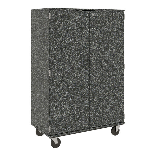 A black metal I.D. Systems mobile storage cabinet with silver handles and wheels.