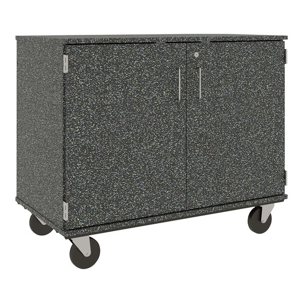 A graphite mobile storage cabinet with (18) bins on wheels.