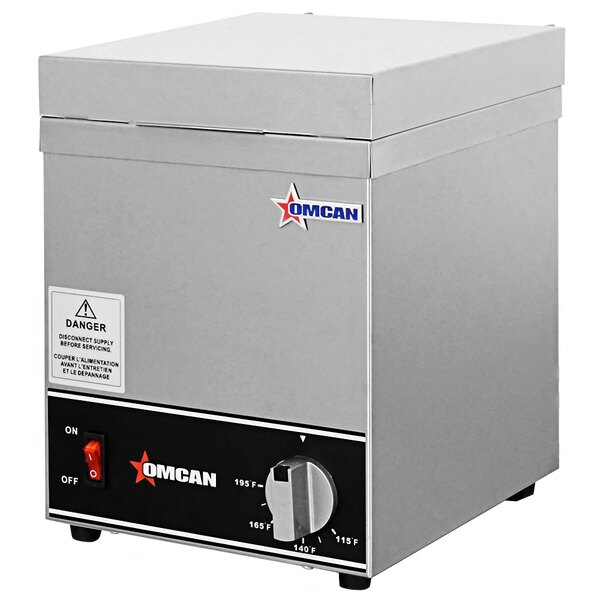 An Omcan stainless steel rectangular box with a red button and dial on a countertop.