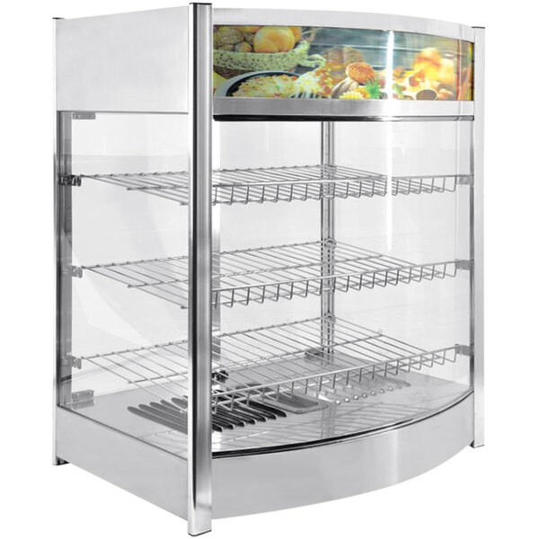 An Omcan Elite hot food display case with three tiers of food on racks inside.