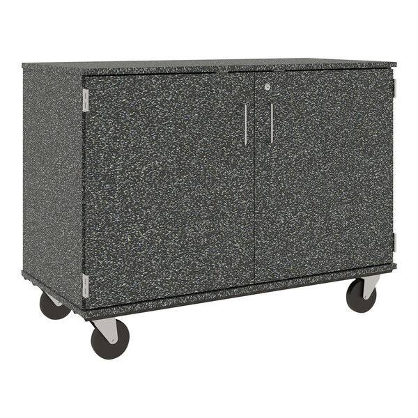 A black metal I.D. Systems mobile storage cabinet with silver handles and wheels.