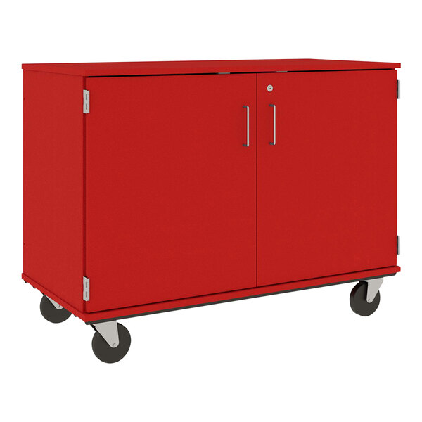 A red I.D. Systems mobile storage cabinet with trays on wheels.