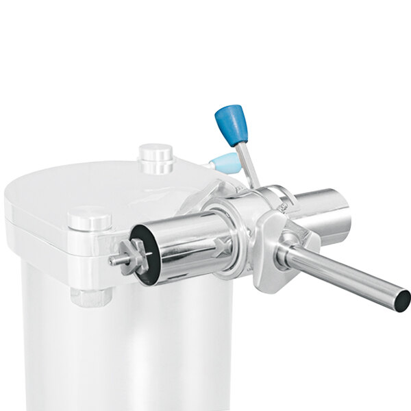 An Omcan stainless steel manual portion control head for a white machine.