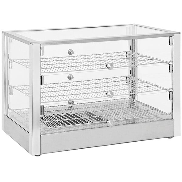 An Omcan countertop display warmer with three shelves in a glass case.