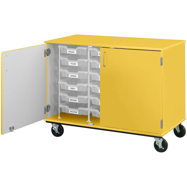 a yellow cart with a drawer