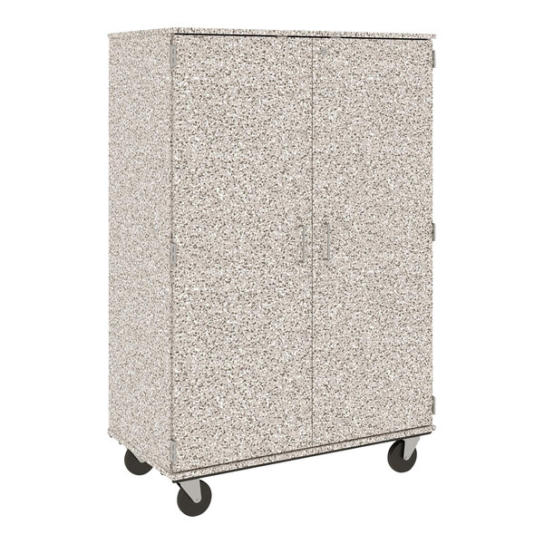 A gray I.D. Systems mobile storage cabinet with black wheels.