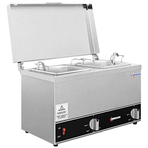 An Omcan double countertop sauce pot warmer with two open pots.