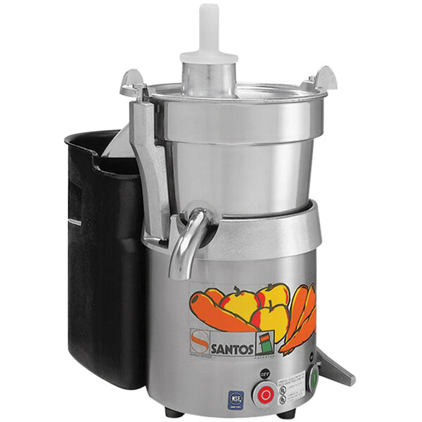 A silver and black Santos #28 fruit and vegetable juicer.