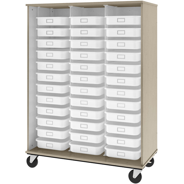 a white plastic bins in a cabinet