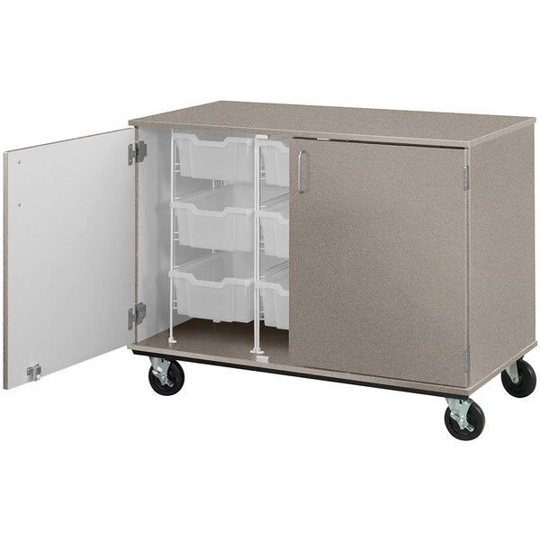 a cart with a door open and shelves