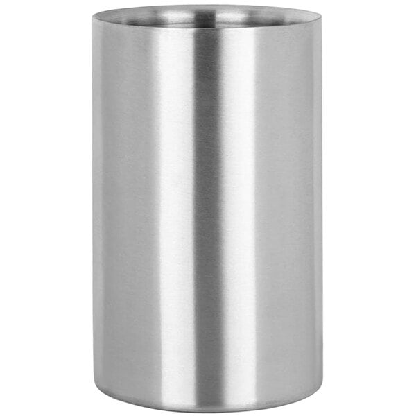 A silver stainless steel Libbey wine cooler cylinder.