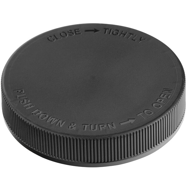 A black plastic 89/400 child-resistant cap with the words "Close" and "Close" in white.