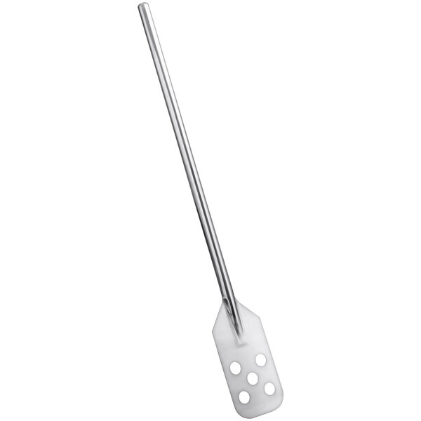 A silver stainless steel paddle with perforations on the handle.