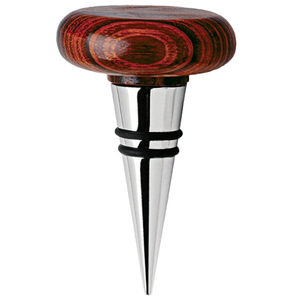 A Franmara stainless steel wine bottle stopper with a rosewood top and metal stem.