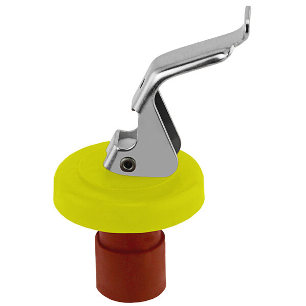 A Franmara yellow and red wine bottle stopper with a metal lever.