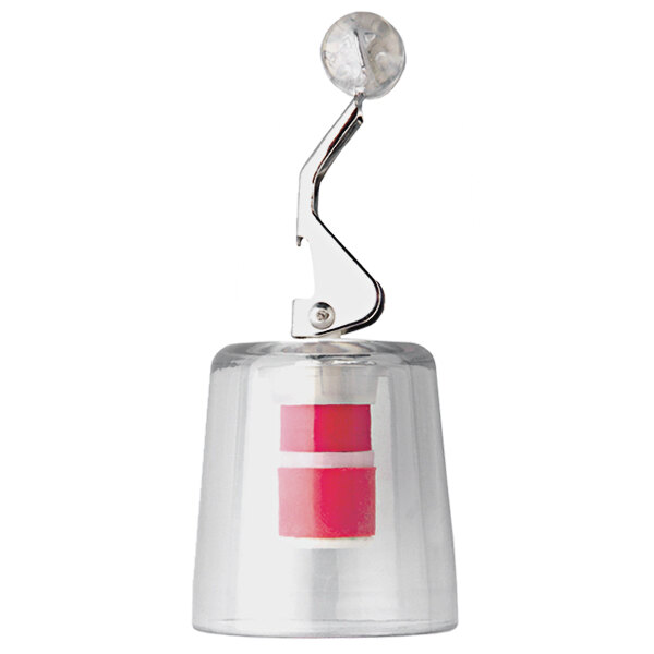 A clear Franmara bottle stopper with a metal crown on top.