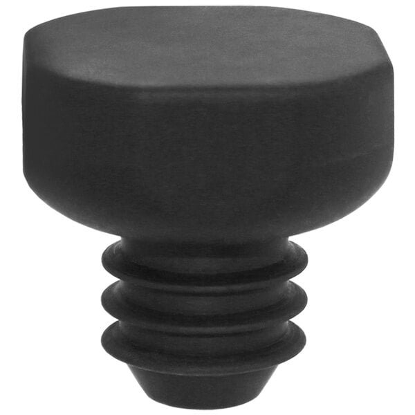 A close-up of a Franmara Black Bolt bottle stopper with a black knob.