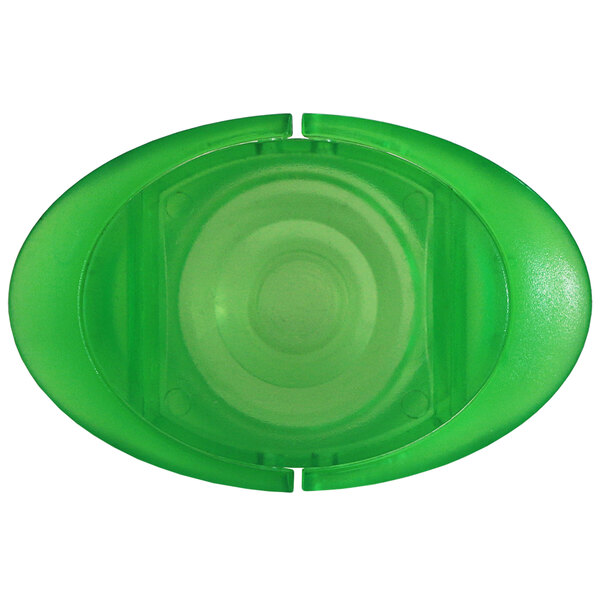 A green plastic Franmara champagne bottle stopper with a circular middle.
