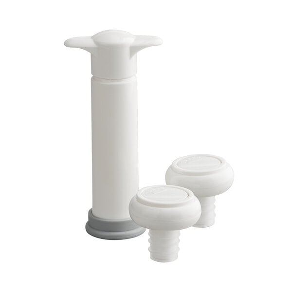 A white vacuum pump with two matching bottle stoppers, all with a simple, rounded design.