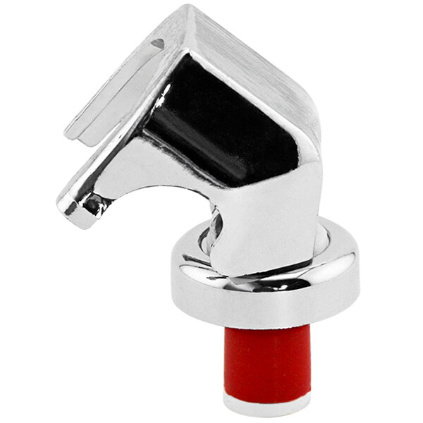 A close up of a Franmara chrome-plated snap-down champagne stopper with red accents.