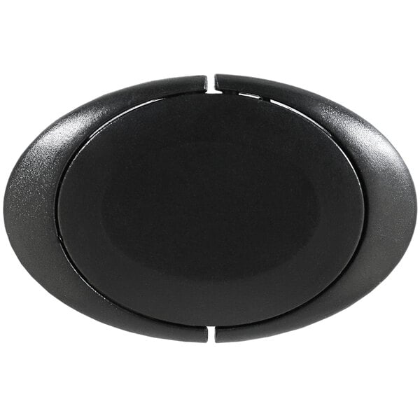 A black oval Franmara champagne bottle stopper with a black circle.