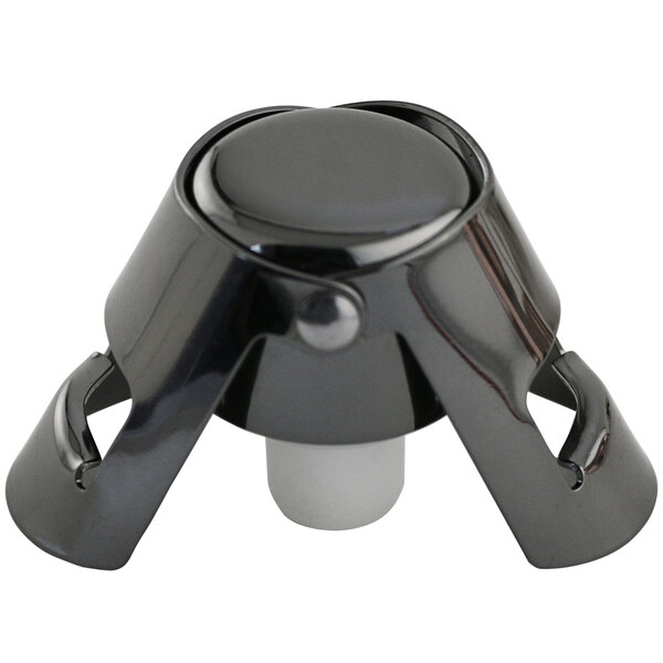 A graphite-plated stainless steel champagne stopper with a white lid.