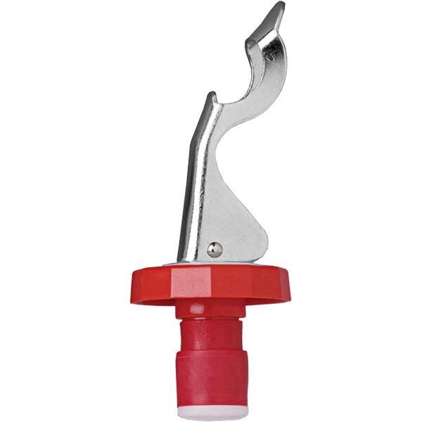 A Franmara red and silver bottle stopper with a metal lever.