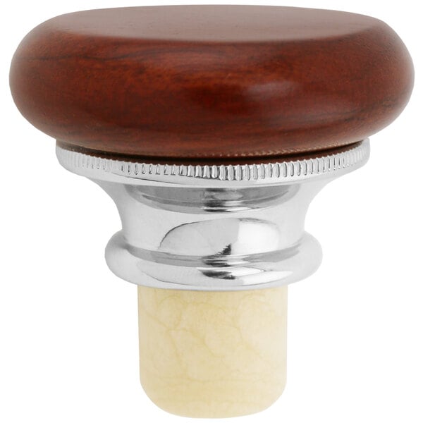A Franmara plastic wine stopper with a flat rosewood top in a white and brown finish.