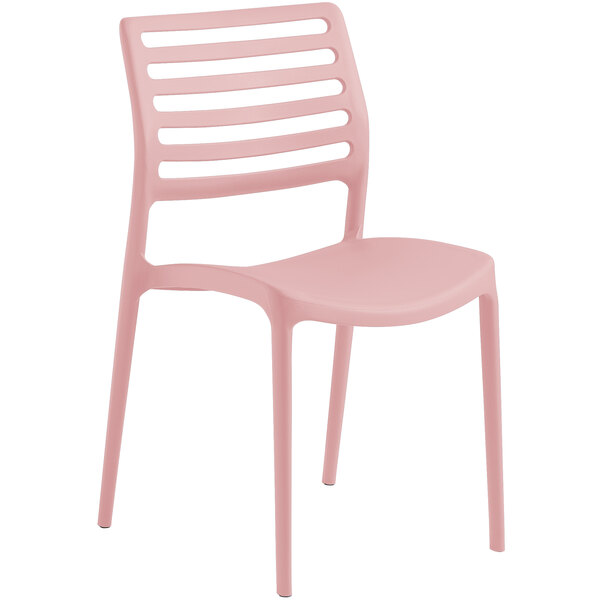 A pink plastic Lancaster Table & Seating Allegro side chair with slats.
