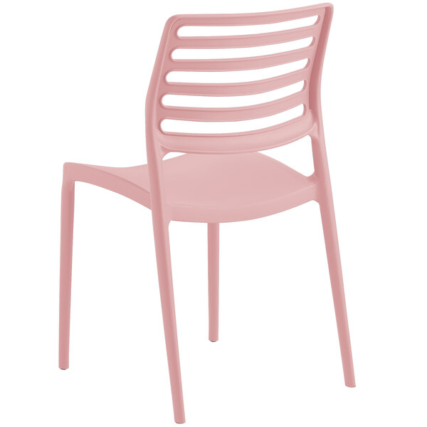 A pink plastic Lancaster Table & Seating Allegro side chair with a slatted backrest.