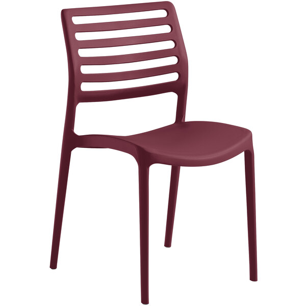 A red plastic Lancaster Table & Seating Allegro Sangria side chair with slats.