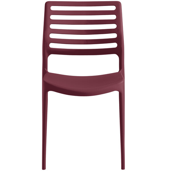 A red plastic Lancaster Table & Seating Allegro Sangria side chair.