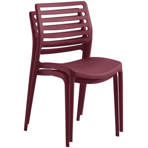 A red plastic Lancaster Table & Seating Allegro stackable side chair with slats.