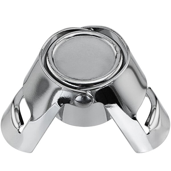 A Franmara chrome metal champagne stopper with a round metal circle.
