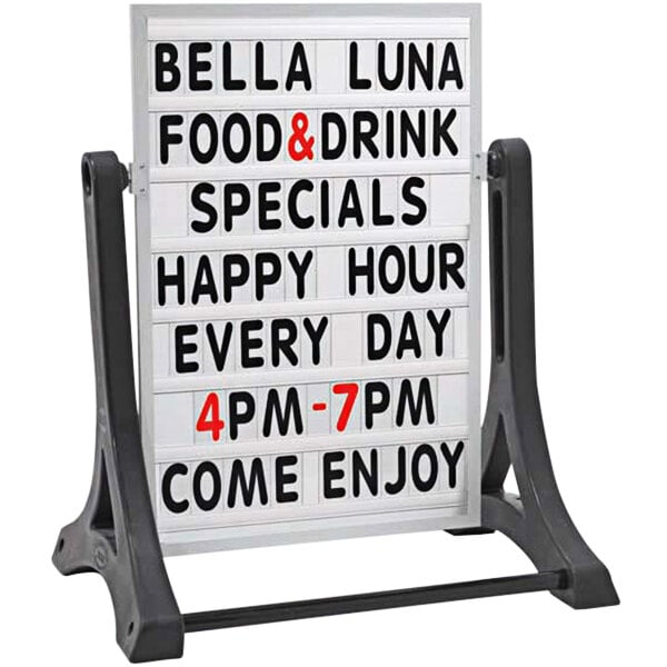 A replacement letterboard panel for an Aarco ROC-1 A-Frame sign with black and white text that says "Bella Luna Food and Drinks Specials Every Day"