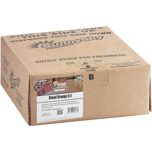 A brown box with black text that reads "Pure Craft Beverage Blood Orange Soda Syrup"
